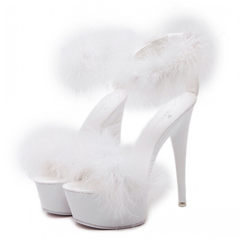 White Feather Fur Flurry Sexy Platforms Super High Stiletto Heels Sandals Shoes 1180